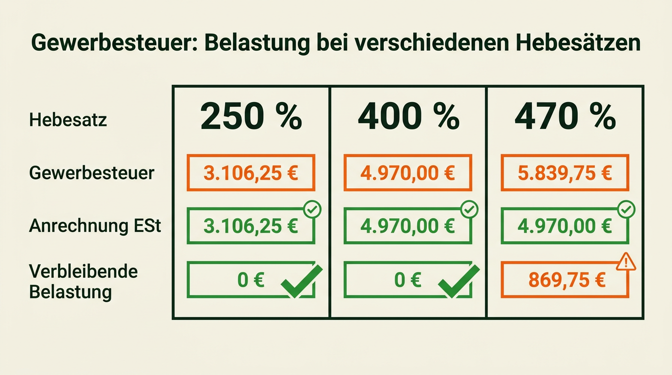 Gewerbesteuer für Einzelunternehmer: Freibetrag 24.500 Euro, Hebesatz und Anrechnung mit Rechenbeispiel – Rechenbeispiel: 60.000 Euro Gewinn bei drei verschiedenen Hebesätzen