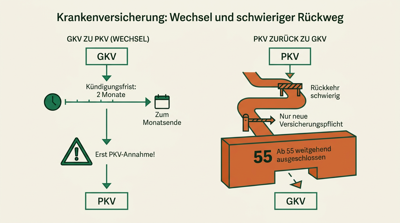 Krankenversicherung für Selbstständige: Gesetzlich oder privat? Beiträge, Wechsel und Rechenbeispiel – Wechsel von gesetzlich zu privat: Fristen und der schwierige Rückweg