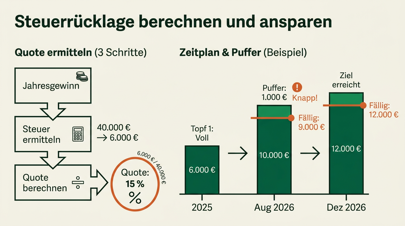 Einkommensteuer-Vorauszahlungen für Gründer: Termine, Anpassung und Rücklagen mit Rechenbeispiel – Rücklage bilden: So viel Prozent jeder Zahlung gehören aufs Steuerkonto