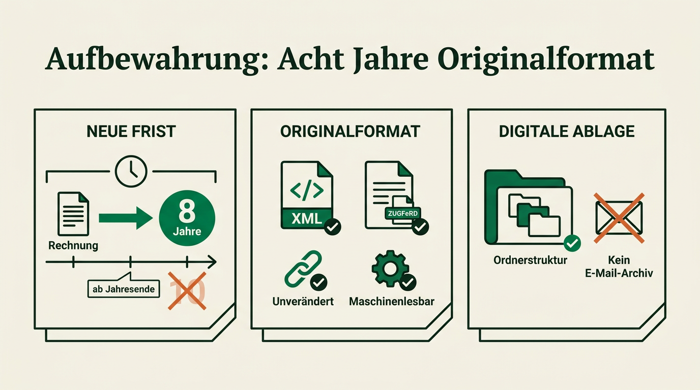 E-Rechnung für Selbstständige: Pflichten, Ausnahmen und Muster für den Umstieg – Aufbewahrung: acht Jahre im Originalformat