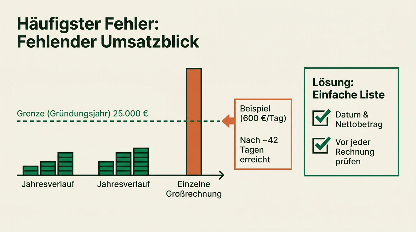 Kleinunternehmerregelung 2026: Grenzen von 25.000 und 100.000 Euro mit Rechenbeispiel – Der häufigste Fehler: kein laufender Blick auf den Umsatz