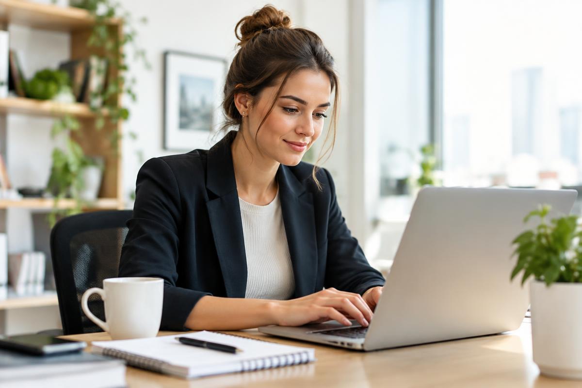 Unternehmerin schreibt eine E-Mail am Laptop